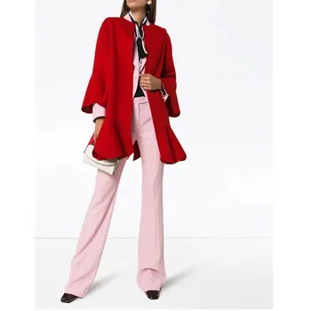 Kırmızı Zarif Yuvarlak Boyun Fırfır Alt Streetwear Moda Uzun Femmes Yün Karışımlı Ceket Kadın 2021 Sonbahar Kış Dış Giyim 3