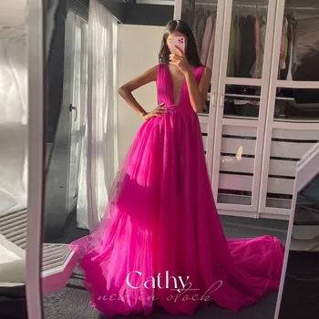 Cathy Pembe Balo Elbise Derin V Boyun Uyluk Yarık Uzun Parti Elbise Tül Süpürme Tren Balo Abiye Özel Vestidos De Fiesta 8