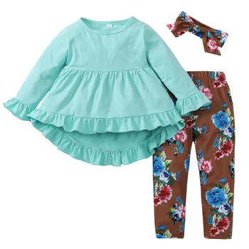 Çiçek Kız Elbise Çocuklar Pamuk T-shirt + Pantolon + Kafa Setleri 3 in 1 / lot çocuk Giysileri Pamuklu Kumaş 6