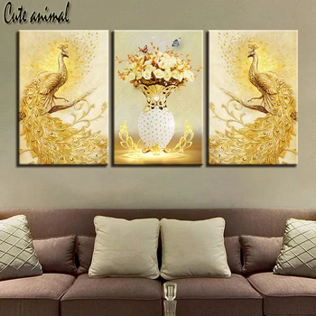 Altın Tavus Kuşu Ve Çiçekler diy tam kare yuvarlak elmas nakış rhinestones boyama 3 adet 5d elmas mazayka duvar sanatı 12