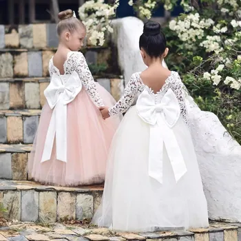 Ucuz Çiçek Kız Gelinlik Uzun Kollu Beyaz Dantel Yay Kabarık Tül Çocuk Pageant elbise Communion Doğum Günü Custome 6