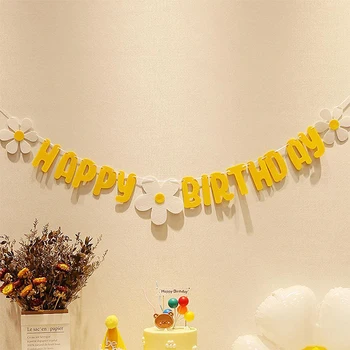 Yeni Bebek Duş Olmayan Dokuma Papatya Mutlu Doğum Günü Banner Beyaz Çiçek Çelenk Sarı Bayrak Odası Dekorasyon İçin Uygun 4