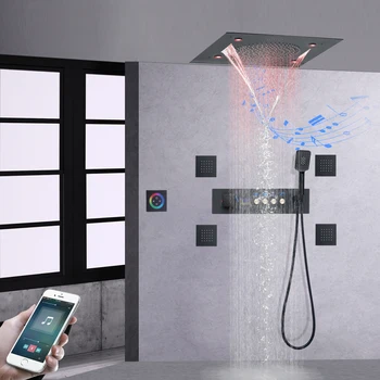 Mat Siyah Banyo Gizli Duş Mikserler Termostatik dijital ekran Banyo Duş Hoparlör Şelale Spa Duş Vücut Jetleri 18