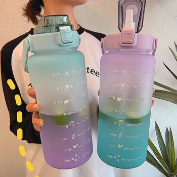 2LPlastik Büyük Kapasiteli Su Bardağı Zıplayan Kapak Açık Buzlu spor şişesi Degrade Renk uzay fincanı Su Şişesi Ölçekli 2