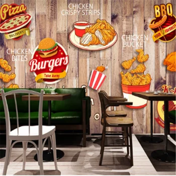 Özel Batı Fast Food Restoran Snack Bar Endüstriyel Dekor Arka Plan Duvar Kağıdı 3D Burger Tavuk Ahşap duvar kağıdı 3D 16