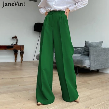 JaneVini Bahar Sonbahar Ofis kadın pantolonları Moda Gevşek Tam Boy Bayanlar Pantolon Rahat Yüksek Bel Yeşil Geniş Bacak Pantolon 7