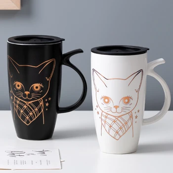 580ml karikatür kedi kahve fincanı yaratıcı güzel severler fincan süt kupası ofis Fincan kaşık kapaklı kız hediye seramik fincan 4