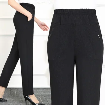 #1157 Ince pamuklu pantolonlar Kadın Rahat Pantalon Yüksek Bel Elastik Siyah Pantolon Bayanlar Bahar Ofis Pantolon Kadın Bayan Orta yaş