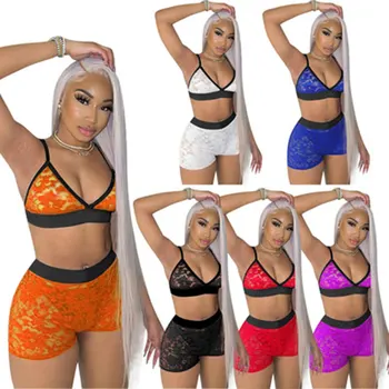 Yaz Kadın Renkli Dantel Seksi İki Parçalı Setleri Kolsuz Şort Hollow Out Parti Gece Clubwear Kıyafetler 10