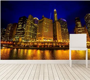 3D duvar kağıdı,Chicago güzel gece görünümü, altın binalar ışık altında, oturma odası TV yatak büyük resimleri 18