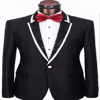 Payetler ile 2017 Siyah ve Beyaz erkekler suit Damat Smokin Sağdıç erkek Düğün Balo Özel Made Takımlar (ceket+Pantolon+Papyon) 6