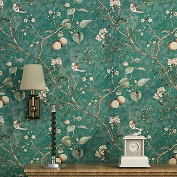 Amerikan country duvar kağıdı pastoral tarzı retro nostaljik oturma odası yatak odası koyu yeşil çiçek ve kuş TV arka plan duvar 15