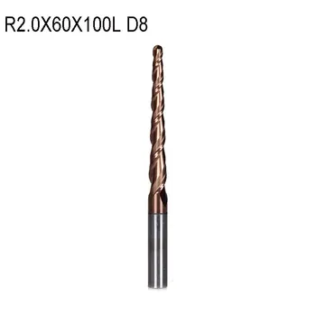 1 adet R2. 0 * D8 * 60 * 100L * 2F HRC55 Tungsten karbür Kaplı Konik Bilyalı Burun Ucu Değirmenler koni freze kesicisi ahşap bıçak araçları 15