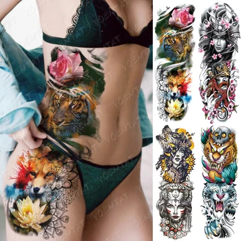 Büyük Kol Kol Dövme Kaplan Tilki Lotus Su Geçirmez Geçici Dövme Etiket Alice in Wonderland Vücut Sanatı Tam Sahte Dövme Kadın 9