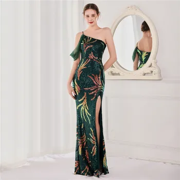 Güzellik Emily Vintage Yeşil Mermaid Akşam Elbise Payetli Bir Omuz Kat Uzunluk Seksi Yüksek Yarık 2022 Kadın Parti Balo Abiye 9