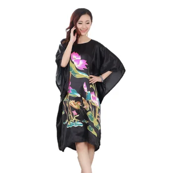 Kadın Batwing Kollu Elbise Saten Yuvarlak Boyun Pijama Rahat Kıyafeti Salonu Günlük Rahat Yaz Gecelik 8