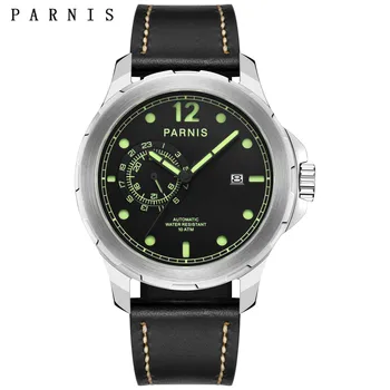 Parnis 44mm Gümüş Kasa erkek Otomatik mekanik saatler Deri Kayış Aydınlık 100M Su Geçirmez İzle hediyelik saat reloj hombre 13