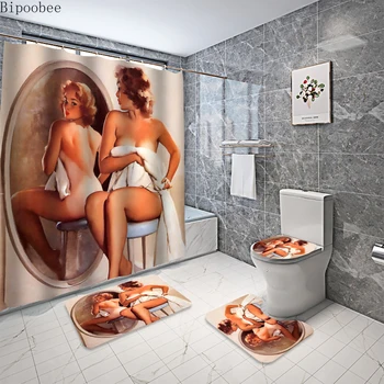 Afrika Amerikan Seksi Kadın Banyo Perdeleri Seti Kumaş Duş Perdesi kaymaz Halı Tuvalet klozet kapağı Banyo Paspas Ev Dekor 8