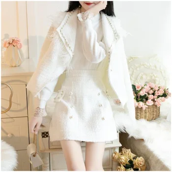 2021 Kadın Kış Vintage 3 Parça Set Bayan Düğme Tüvit Ceket + sıfır yaka kazak + Yüksek Bel Etek Takım Elbise Kadın Rahat Setleri F844