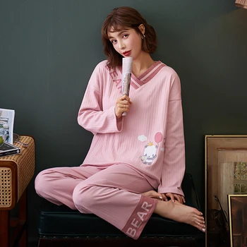 Sonbahar Saf Pamuk Kadın Pijama Set Karikatür Pijama Uzun Kollu Tatlı Rahat Yumuşak Bayan Pijama 4XL Kadın Pijamas 8