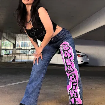 90s Anneler Kot E-kız Vintage Streetwear Y2K Pantolon Mektubu Baskı Baggy Kot Moda Düz Denim Düşük Bel Sonbahar 2021 Mavi 4