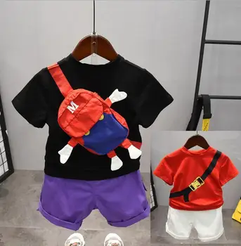 Erkek bebek Giyim Seti Yüksek Kaliteli Pamuklu Çocuk Yürümeye Başlayan Giysi t-shirt çanta + Şort Takım Elbise Erkek Bebek Kısa Kollu Yaz 2-7yrs