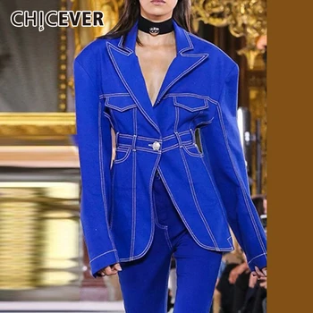 CHICEVER Mavi Denim Casual Blazer Kadınlar İçin Çentikli Uzun Kollu Patchwork Tek Düğme Cepler Düz Blazers Kadın 2021 Yeni 8