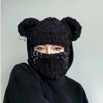 Kış sıcak Unisex Elmas Örme Yün Şapka Güzel Ayı Kulaklar Düz Katı Kalın Yetişkin Parti Komik Maske Kap El Yapımı Kaput 11
