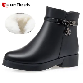 MoonMeek 2022 Kış Ayakkabı Yeni Yün Kar Botları Kadın Hakiki deri ayakkabı Metal Dekorasyon Sıcak yarım çizmeler Kadınlar İçin 2