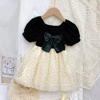 Toddler Kız yaz giysileri 2022 Elbise çocuk Yay Batı Tarzı Kısa Kollu Polka Dot Prenses Elbise Yeni Kore Versiyonu 8