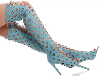 Seksi Peep Toe Kadın Yüksek Topuk Gladyatör Çizmeler Yaz Moda Geomatric Hollow out Kadınlar Diz Üzerinde Çapraz kravat Cut Out çizmeler