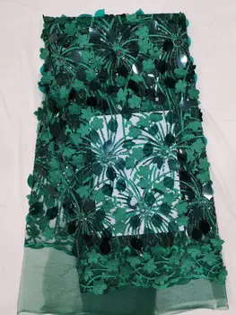 Afrika Dantel Kumaş Promosyon, Yeni İşlemeli Tül Dantel Elbise Kumaş, 3D Sequins Yeşil Dantel Bayanlar FJ32701 19