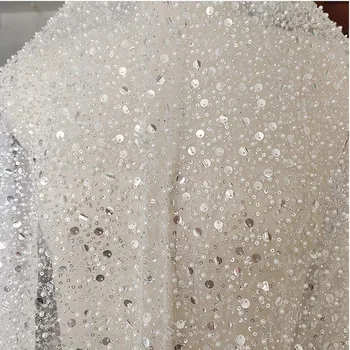 Yüksek kalite 130 cm*1 yard boncuklu tül Dantel Kumaş düğün elbisesi Fransız Afrika sequins nakış ham beyaz danteller kumaşlar 16