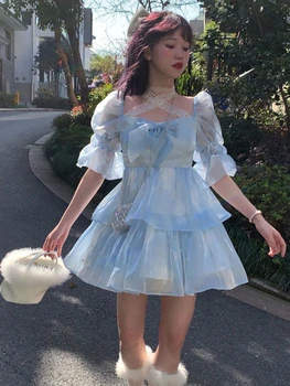 Yaz Japon papyon Puf Kollu Bel Büyük Etek Dantel Kawaii DressCute ve Tatlı Lolita Kabarık Prenses Elbise 4