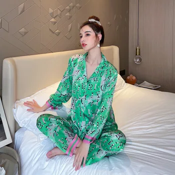Yeşil Gecelik Pijama Takım Kıyafeti 2022 Yeni Ev Giysileri Baskı Pijama Uyku Seti Kadın Samimi İç Çamaşırı 2 ADET Gömlek ve Pantolon