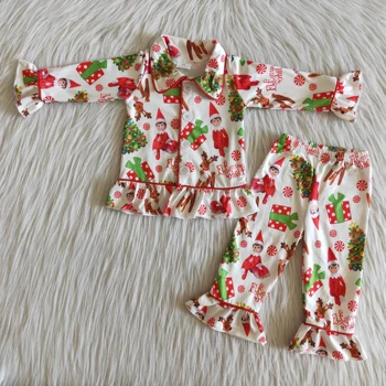 Toptan Butik Noel Noel Ağacı Sevimli Baskı Düğmesi Erkek ve Kız Pijama Yüksek Kaliteli Set