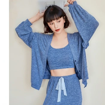Sonbahar / kış Eğlence Ev Giysileri Mavi Hırka Askı İç Çamaşırı Kadın Pijama Uzun Kollu Pantolon Takım Elbise 3 Parça Pijama 10