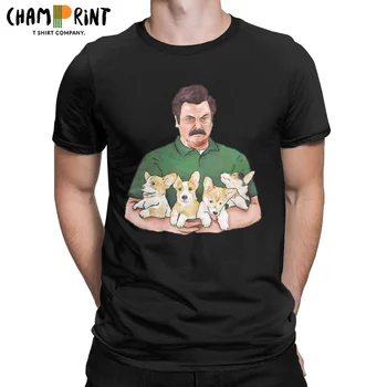 Ron Swanson Holding Corgi Yavru T Shirt erkek Pamuk vintage tişört Köpek Severler Tee Gömlek Kısa kollu Giyim Baskılı 11