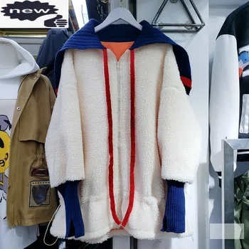 2021 Kış Bayan Yeni Denizci Yaka Geniş Belli Kısa sıcak tutan kaban Fermuar Eklenmiş Streetwear Moda Kuzu Yün Giyim