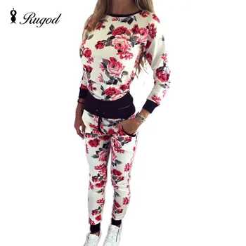 RUGOD 2021 İlkbahar Sonbahar Sıcak Çiçek Baskı Eşofman Kadın 2 İki Parçalı Setleri uzun pantolon Takım Elbise Rahat Hoodie Takım Elbise Moda Dış Giyim