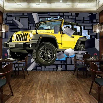 Özel Duvar Kağıdı 3D Karikatür Jeep Araba Kırık Duvar Fresk Restoran Cafe Çocuk Çocuk Yatak Odası Zemin Duvar Ev Dekor Sticker