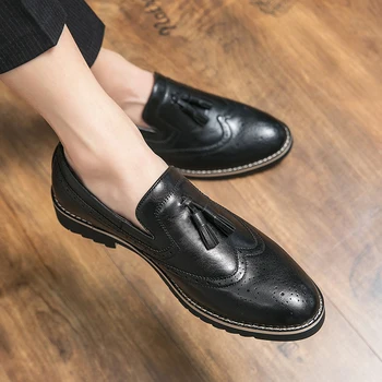 Erkekler Elbise Ayakkabı üzerinde kayma Erkek Deri Klasik Brogue Ayakkabı İngiliz Tarzı Flats Ayakkabı açık Düğün Ofis erkek resmi ayakkabı erkekler 8