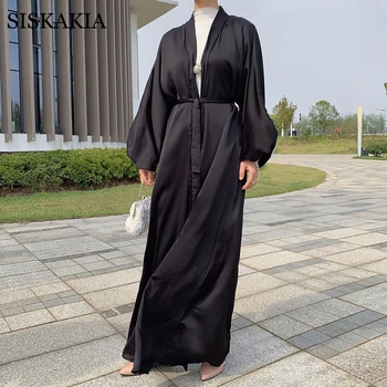 Müslüman Kimono Abaya Dubai Türkiye Arap Umman Müslüman Hırka Elbise Katı Kabarcık Saten Fas Kaftan İslam Giyim Açık Ön