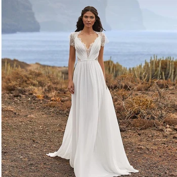 Zarif Şifon Pileli Boho düğün elbisesi Kadınlar İçin 2022 Dantel Geri Cap Sleeve gelin kıyafeti Robe De Mariée Bohemian Plaj 8