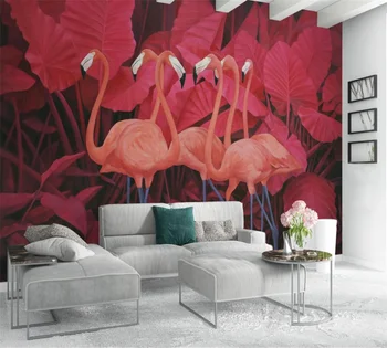 Özel 3D duvar kağıdı duvar kırmızı tropikal bitki yaprakları flamingo arka plan duvar 1