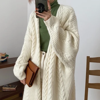 Sonbahar Kış Uzun Hırka Ceket Kadınlar İçin Rahat Düz Renk Bükülmüş Desen Uzun Kollu Gevşek Örme Dış Giyim Bayan Kazak 13