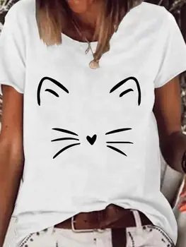 Yaz Moda Kadın Kedi Yüz Komik Trend Sevimli Giyim kısa Kollu grafikli tişört Baskı T Shirt Elbise Kawaii Temel Tee Üst 14