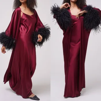 2 Adet Şarap Kırmızı Tüyler Gece Robe Spagetti Sapanlar Parti Pijama Custom Made Uzun Kollu Kat Uzunluk Nightgowns Elbiseler 11