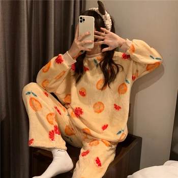 Turuncu Baskı Sonbahar Pijama Seti Kadın O-Boyun Uzun Kollu Rahat İki Parçalı Ev Takım Elbise Karikatür Pazen Pijama Gecelik 11