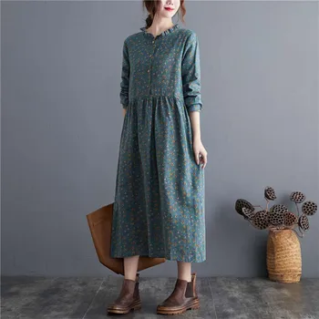 Retro Çiçek Baskı Kadın Elbise 2022 Rahat Gevşek Uzun Kollu Pamuk Keten fırfırlı elbiseler İlkbahar Sonbahar Zarif Kadın Giysileri 11